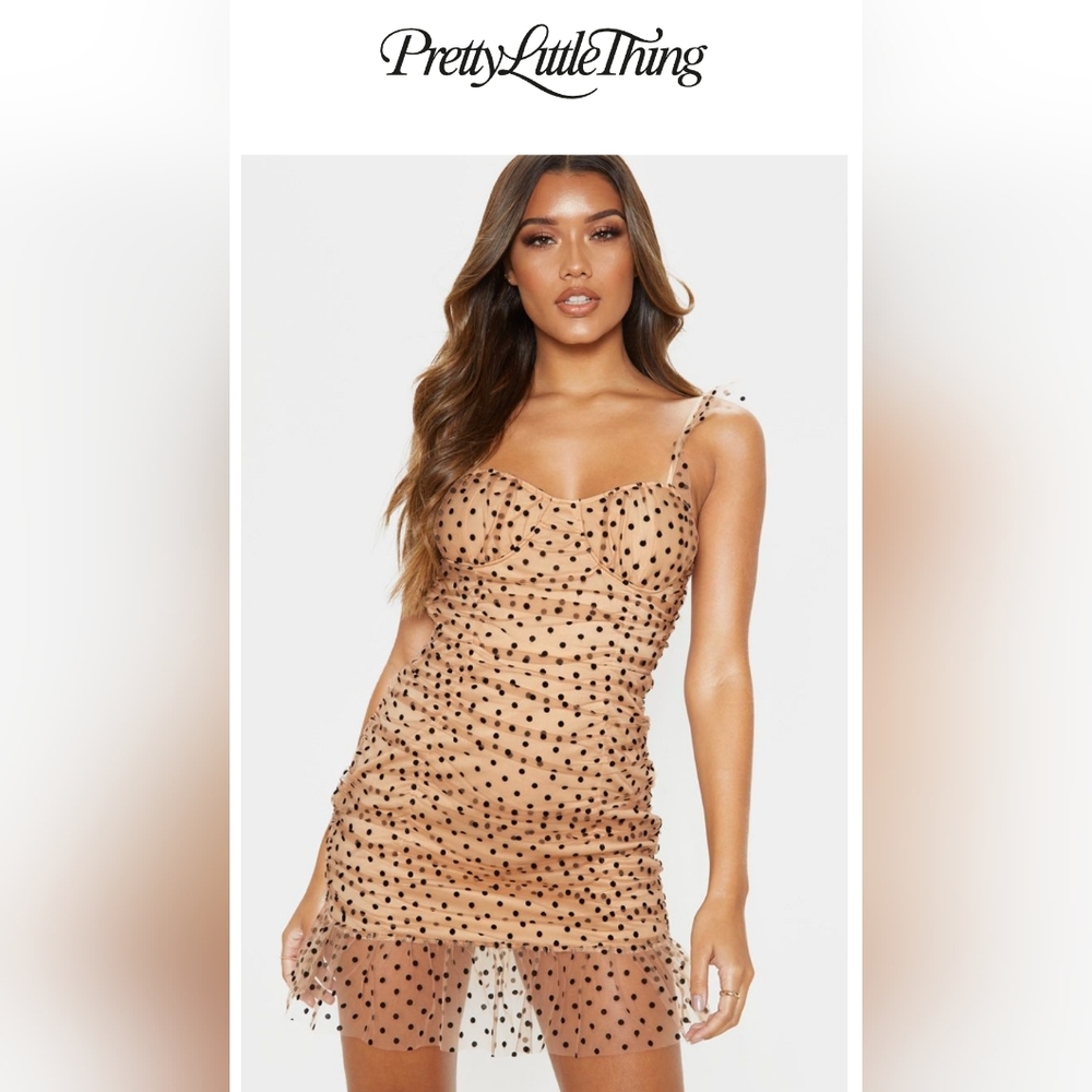 *NWT* PrettyLittleThing Nude Polka Dot Mesh Frill Ruched Dress